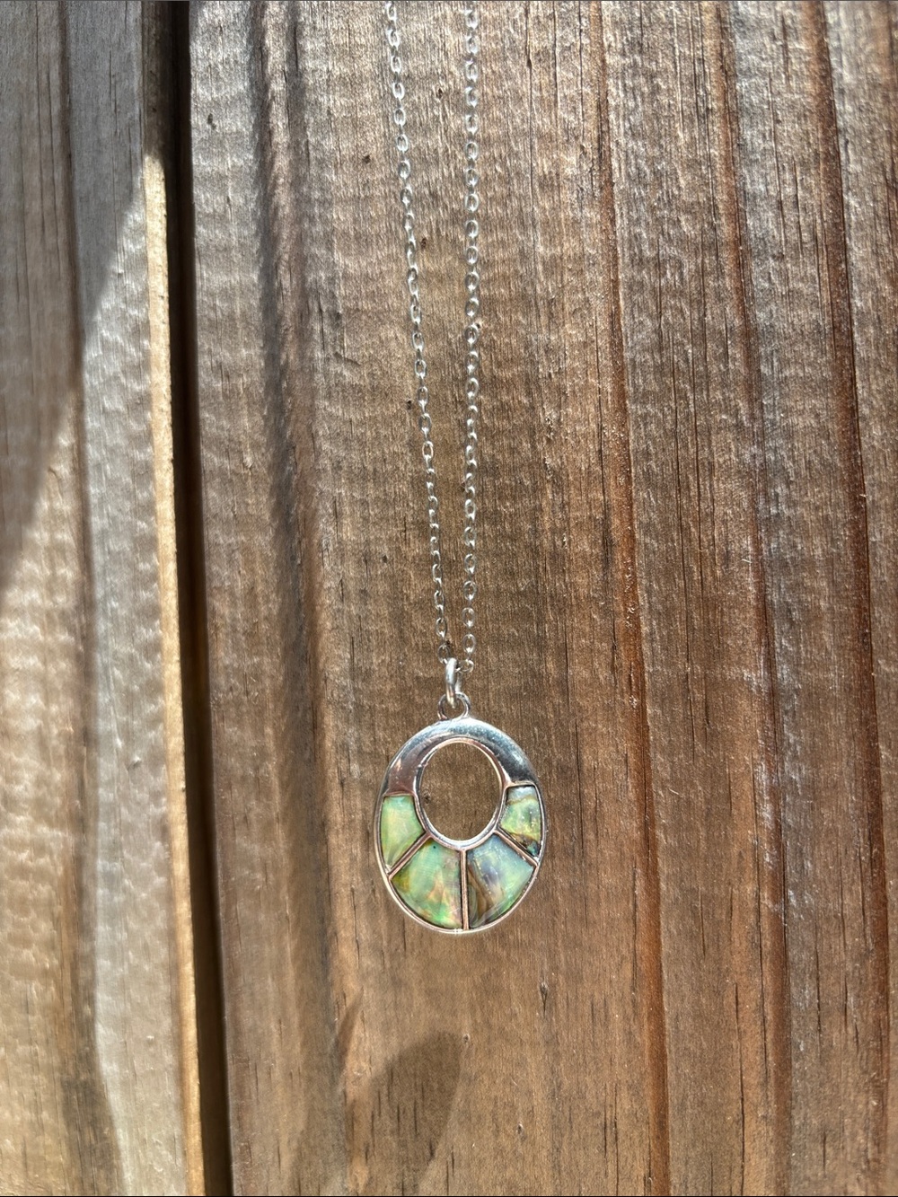 Sterling Silver Abalone Oval Pendant Necklace - Iridescent Green